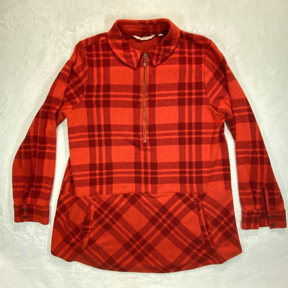 Soft‎ Surroundings Top M Petite Plaid flannel Half Zip Pullover Tunic pilling